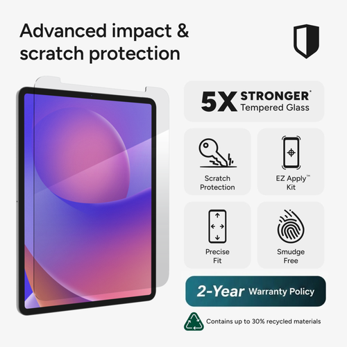 iPad Pro 12.9" with Glass Elite tempered glass screen protector applied, showcasing edge-to-edge clarity.