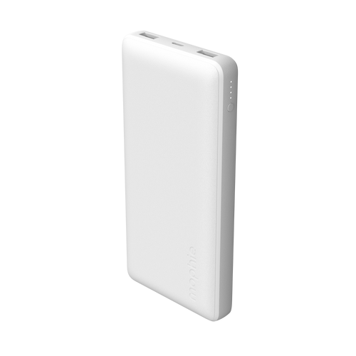 Sleek white Power Boost Pro 20K power bank charging a smartphone, tablet, and earbuds at the same time.