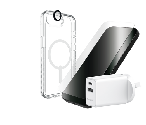 ZAGG Essential Bundle for iPhone 17e/16e showing Crystal Palace Snap case, Glass Elite screen protector, lens protection, and 30W charger.