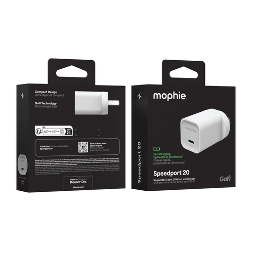 mophie Speedport 20W USB-C GaN wall charger white packaging render front view