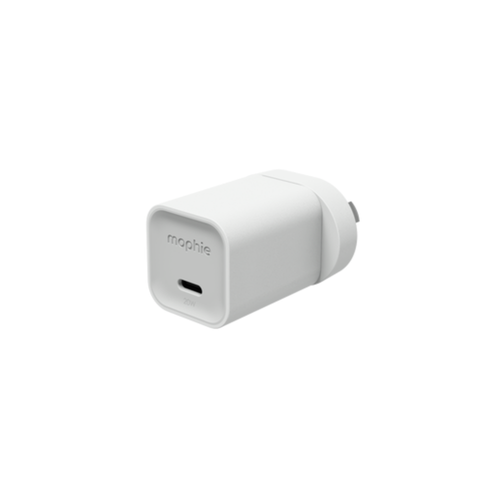 mophie Speedport 20W USB-C GaN wall charger with foldable prongs, compact size in hand.