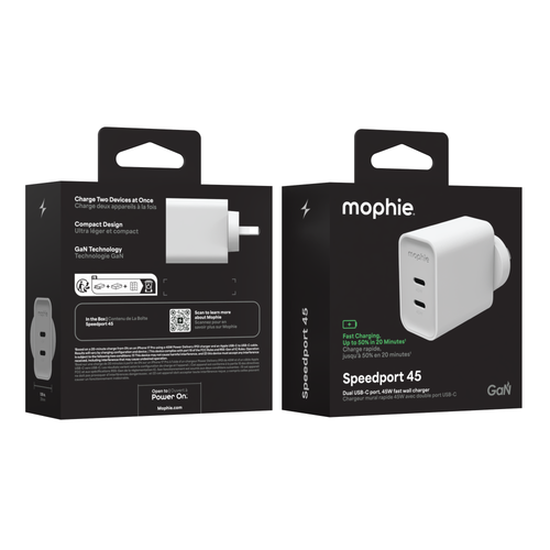 Two devices simultaneously charging—iPhone and iPad—using both USB-C ports.