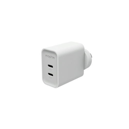 mophie Speedport 45 dual USB-C GaN wall charger with foldable prongs, compact size.