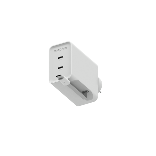 mophie Speedport 67W dual USB-C GaN wall charger with integrated retractable USB-C cable extended.