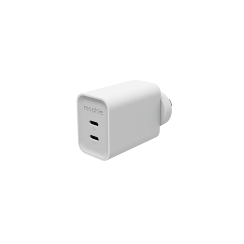 mophie Speedport 70W dual USB-C GaN wall charger with foldable prongs, compact design in hand.