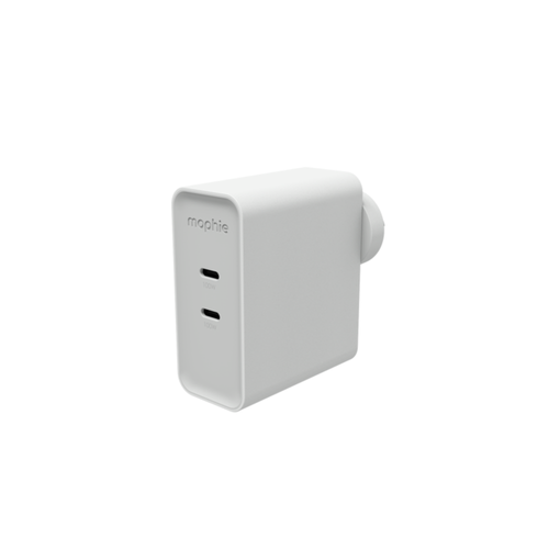 mophie Speedport 100W Dual USB-C GaN wall charger with foldable prongs, compact design in hand.