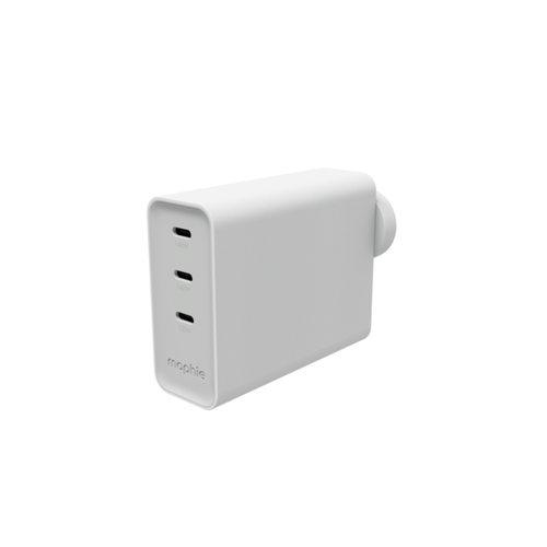 mophie Speedport 140W 3-Port USB-C GaN wall charger with foldable prongs, compact design in hand.