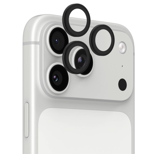 Glass Elite Premium Camera Rings in Black installed on the iPhone 18 Pro's camera module, showing precise individual coverage over each lens with a sleek black finish.