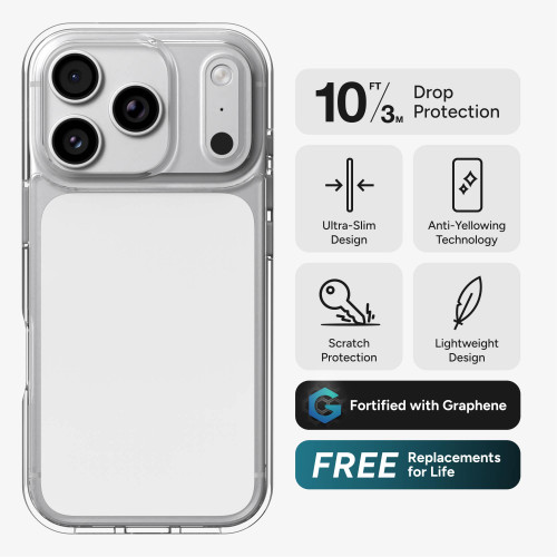 Crystal Palace Lite case on an iPhone 18 Pro, showcasing the ultra-thin, crystal-clear shell that reveals the phone's original design.