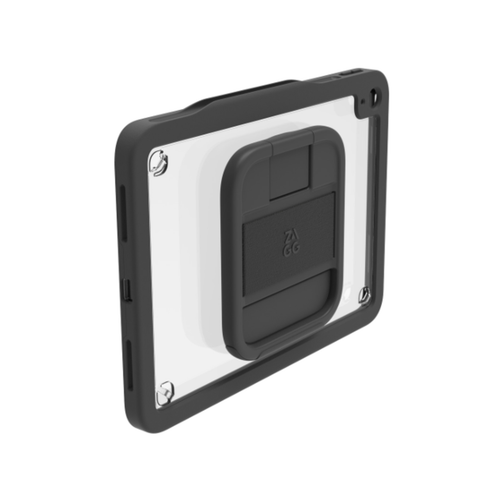 Enhanced Rugged Tablet Case w/ built in 360-degree swivel kickstand, handle, stylus holder, and lanyard access points.