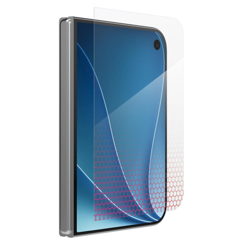 Glass XTR6 screen protector installed on the iPhone Duo's outside display, showing seamless edge-to-edge coverage with crystal-clear clarity.