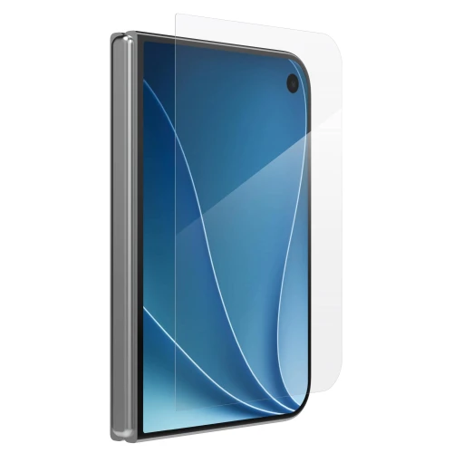 Side-angle shot showing the ultra-thin profile of the Glass Elite protector on the iPhone Duo's outer display, preserving the device's sleek foldable form factor.