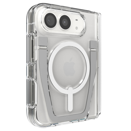 Crystal Palace Snap with Kickstand foldable case on a foldable phone in the open position, showcasing the crystal-clear transparent design that reveals the device's original finish.