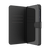 Open folio view showing the phone securely seated inside the case with the left flap open, revealing the dedicated card slots and secure cash pocket on the interior panel.