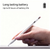 Battery indicator demonstration showing the three white LED lights glowing near the top of the stylus, with a graphic explaining that three lights means full power.