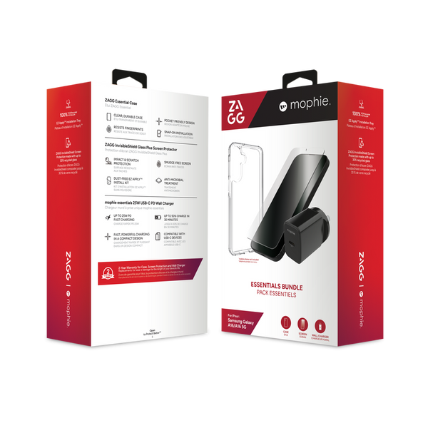 ZAGG Essential Bundle for Samsung Galaxy A26 5G (Clear Case, Glass+, 25W1C)