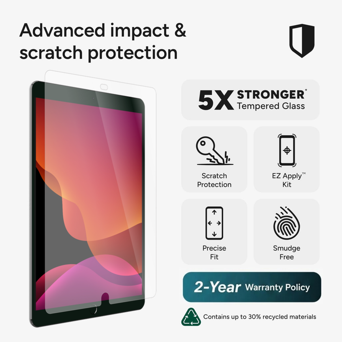 Glass Elite Screen Protector for iPad 10.2" (9th, 8th, 7th Gen), shown with EZ Apply® installation kit.