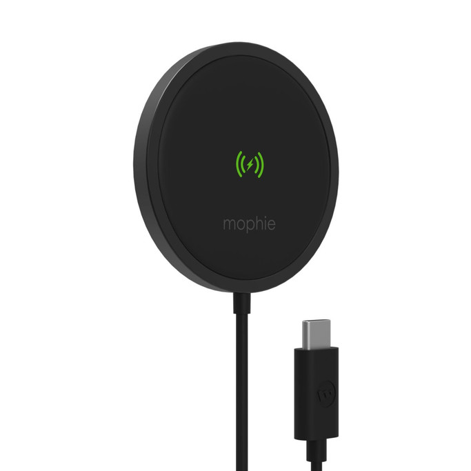 iPhone snapped onto snap+ wireless charger with perfect magnetic alignment