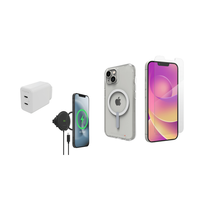 ZAGG Essential Clear Snap Case, InvisibleShield Glass Elite Screen Protector, mophie 45W GaN Wall Charger, and mophie snap+ Wireless Charging Pad for iPhone.