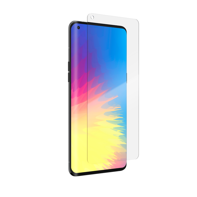 Front-facing product shot of the Glass Elite VisionGuard+ screen protector installed on an OPPO X5, showcasing crystal-clear edge-to-edge coverage with the display showing vibrant colours and sharp details.