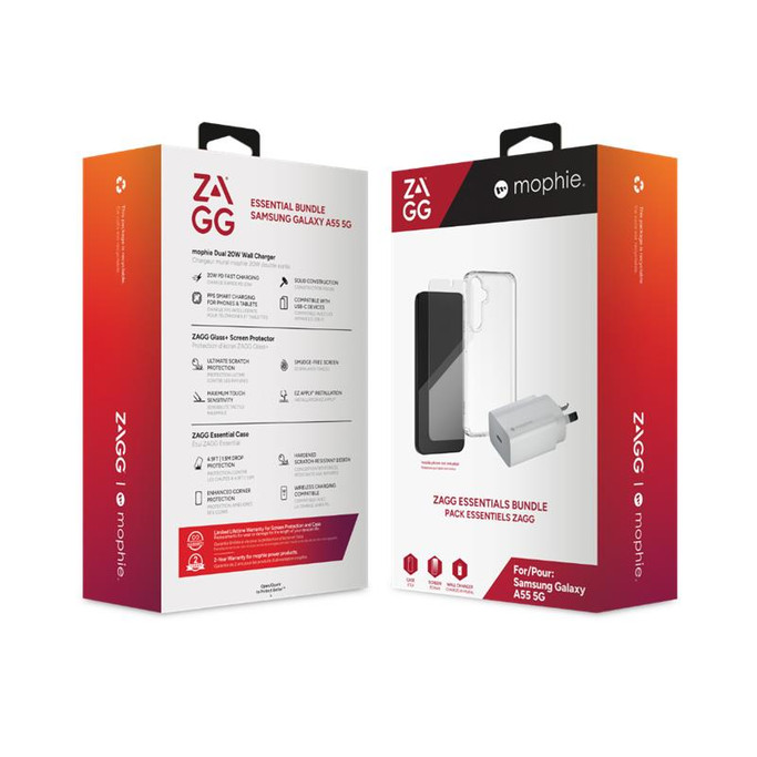 Samsung Galaxy A16 / A16 5G Essential Bundle: Clear Case, Glass+ Screen Protector, and 20W Fast Charger.