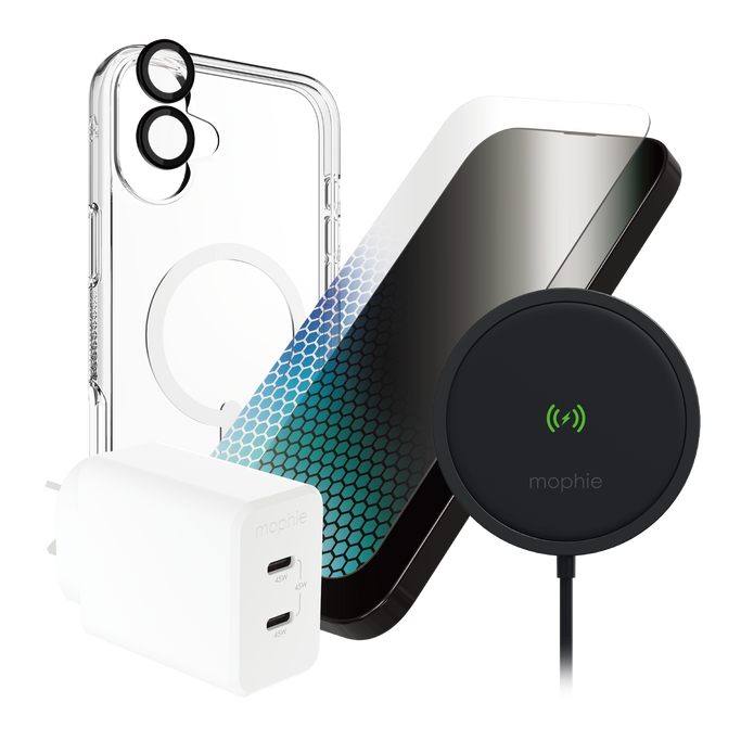 Bundle Unboxing Experience: All four Ultimate Bundle components displayed: case, screen protector, wireless pad, and wall charger