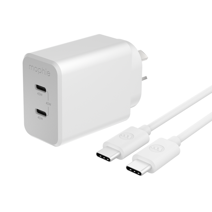 mophie essentials 45W USB-C PD wall charger and 2-meter cable bundle in white