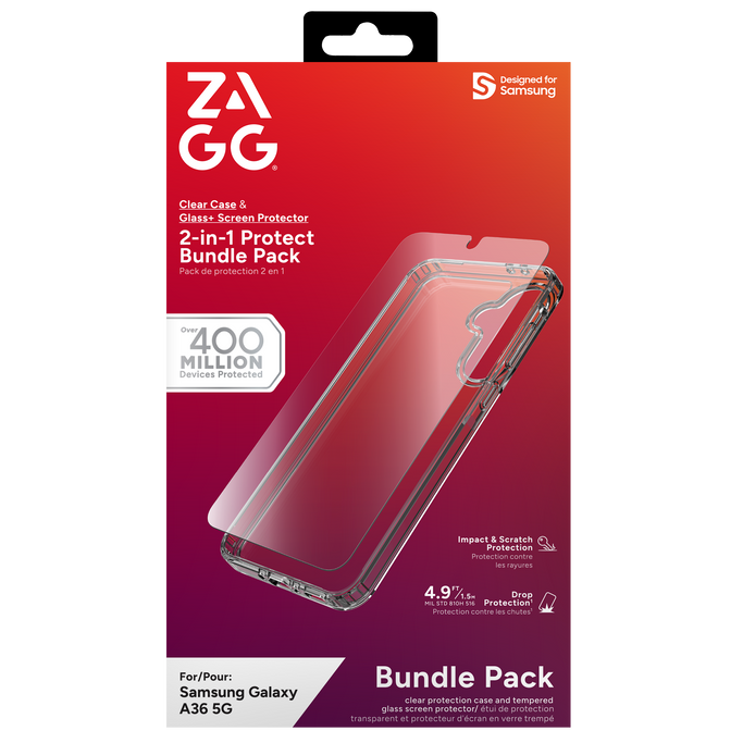 Samsung Galaxy A36 with ZAGG Clear Case and Glass+ Screen Protector installed, showcasing full device protection.