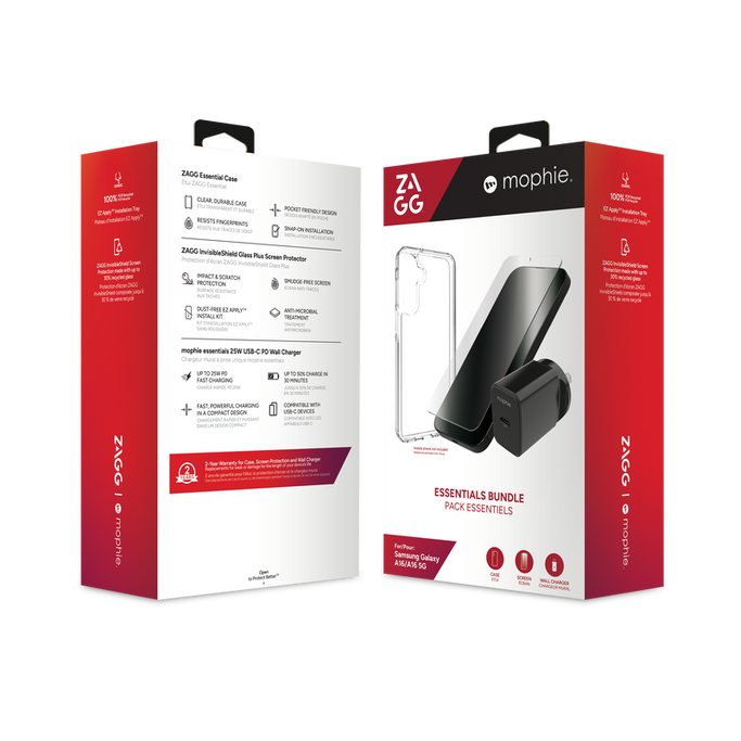 Essential Bundle: Clear phone case, tempered glass screen protector, and 25W fast wall charger.