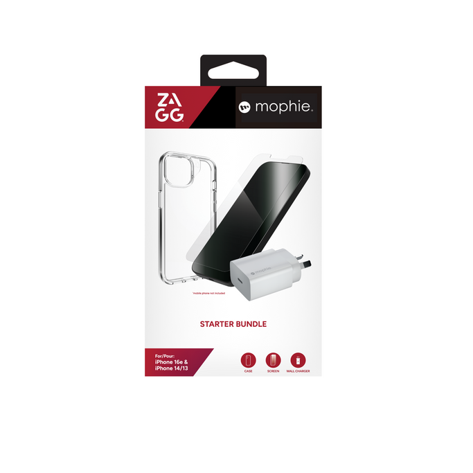 Starter Bundle for Apple iPhone 16e, 14, 13 with Crystal Palace case, Glass Elite screen protector, and 20W mophie wall charger
