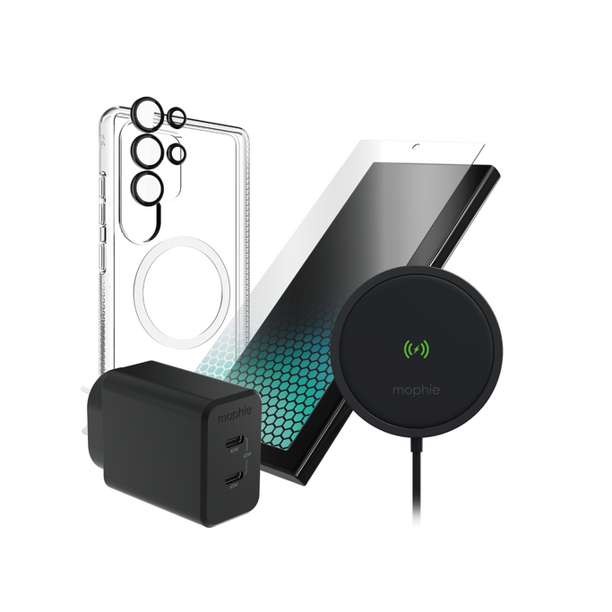 Premium Bundle Unboxed: All components including case, protectors, and charger displayed together