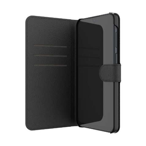 Open folio view showing the phone securely seated inside the case with the left flap open, revealing the dedicated card slots and secure cash pocket on the interior panel.