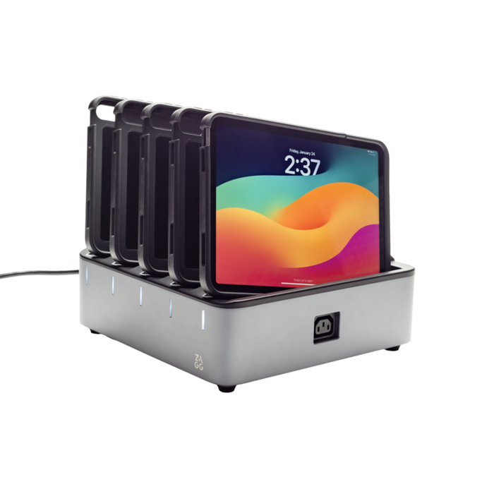ChargeStation Pro base holding five iPads with ChargePro cases