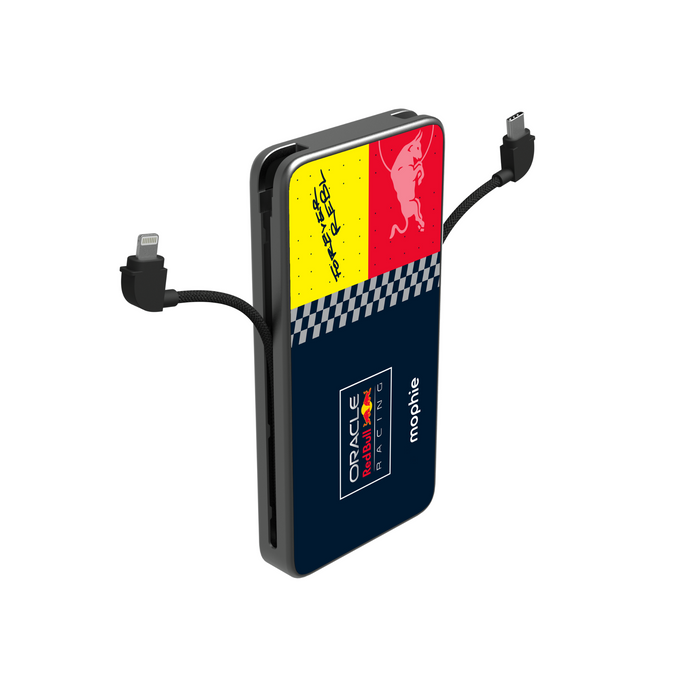 Black Powerstation Plus 10K with Oracle Red Bull Racing branding and integrated braided Lightning & USB-C cables