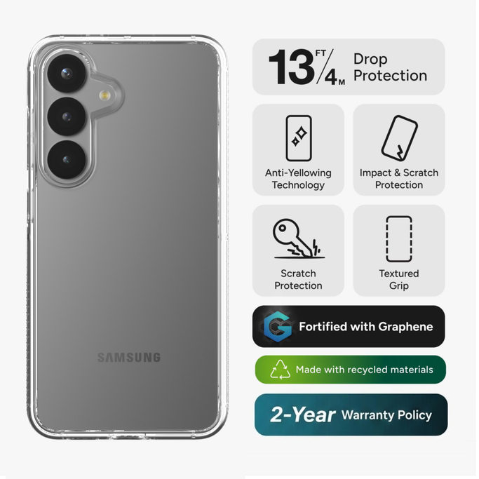 Crystal Palace clear case on a phone, emphasizing anti-yellowing clarity and textured non-slip edges.