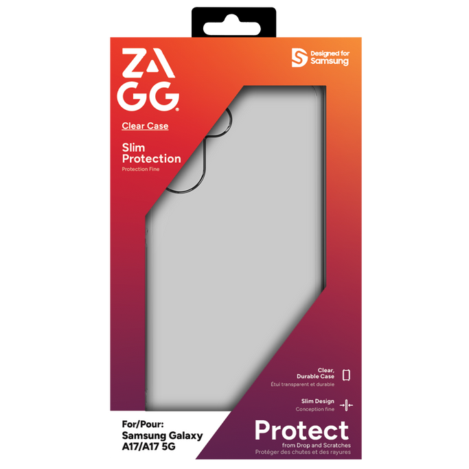 ZAGG Crystal Clear Case for Samsung A series phone, demonstrating slim profile and transparency.