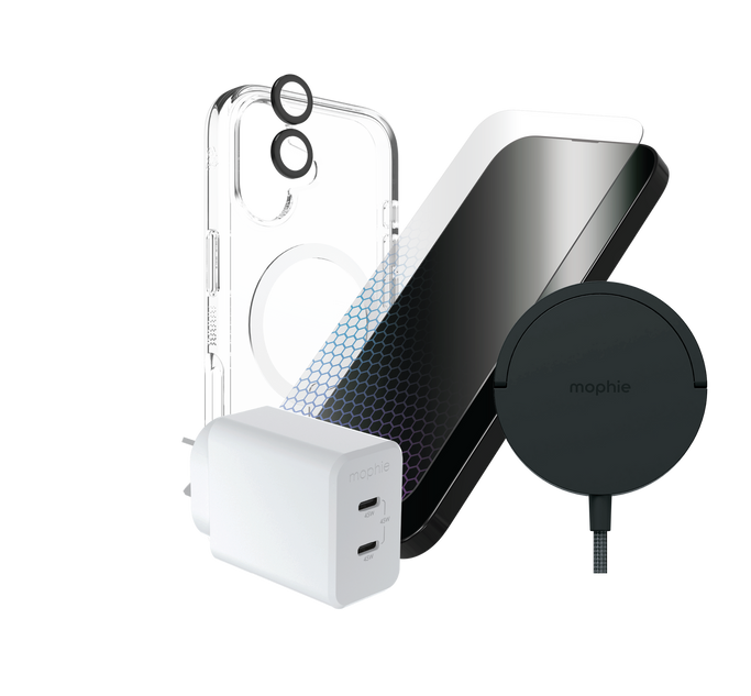 iPhone 17 Premium Smart Bundle includes Crystal Palace case, XTR5 screen protector, lens rings, Qi2 charging stand, and 45W wall charger