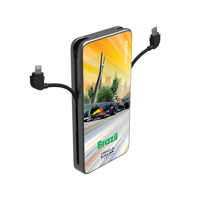 A sleek black Powerstation Plus 10K portable battery pack on a table. Two integrated charging cables