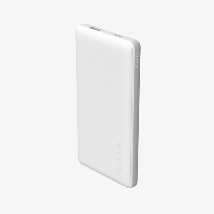 Sleek white Power Boost 10K power bank charging a smartphone via USB-C cable