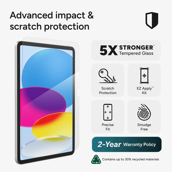 iPad 10.9" (10th Gen) with Glass Elite tempered glass screen protector applied edge-to-edge.