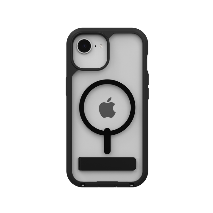 Black Rainier Snap Kickstand rugged case on iPhone, showing dual-layer protection and integrated kickstand extended.