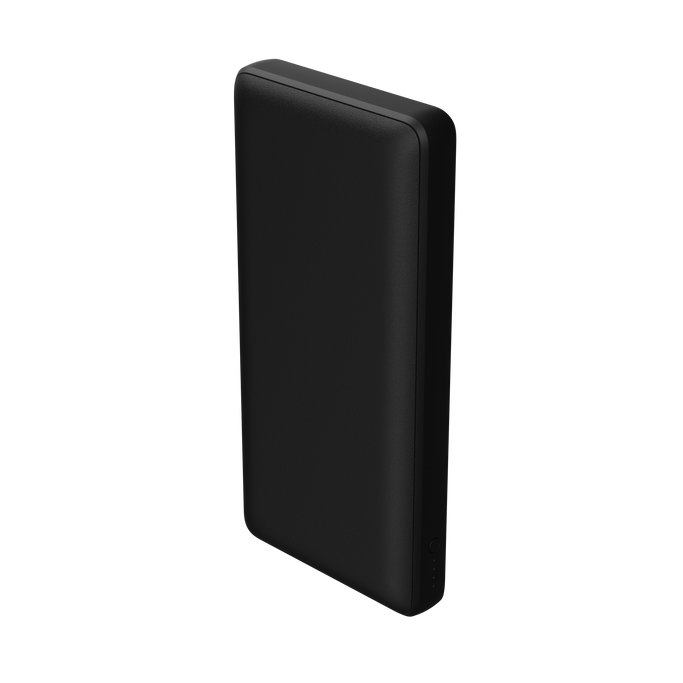 Power Boost Pro 20K black power bank charging a smartphone, tablet, and headphones simultaneously.