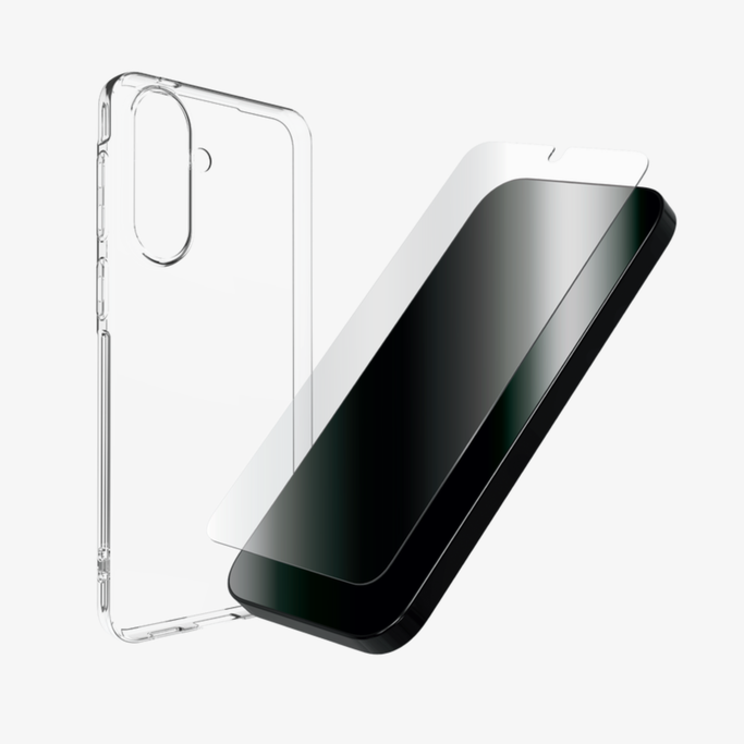 Essential Bundle for Samsung Galaxy A57 5G, showing clear case and Glass+ screen protector together.