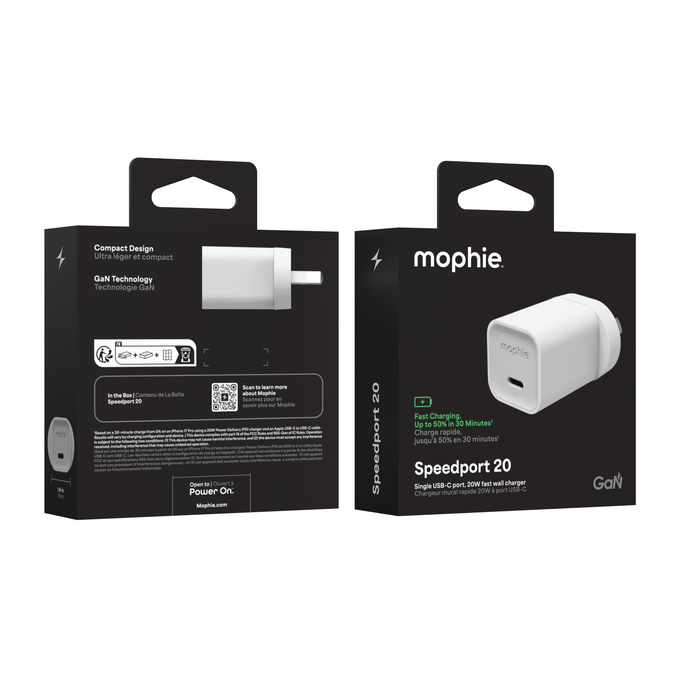 mophie Speedport 20W USB-C GaN wall charger white packaging render front view