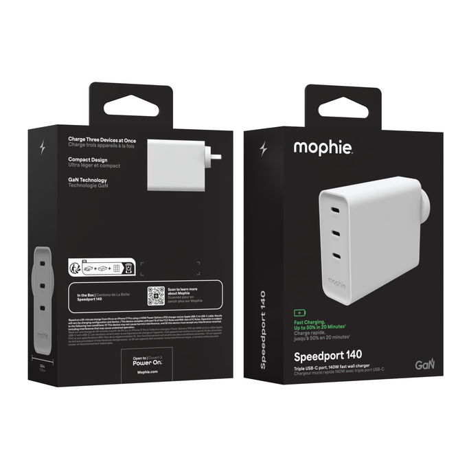 mophie Speedport 140W 3-port USB-C GaN wall charger in white packaging render