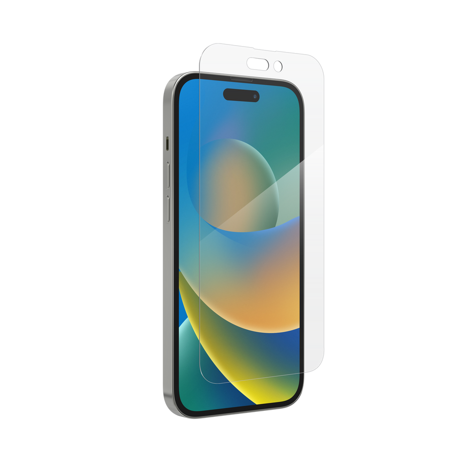 ZAGG Glass Elite VisionGuard AM screen protector for Apple iPhone with Eyesafe blue light filter and anti-microbial protection.