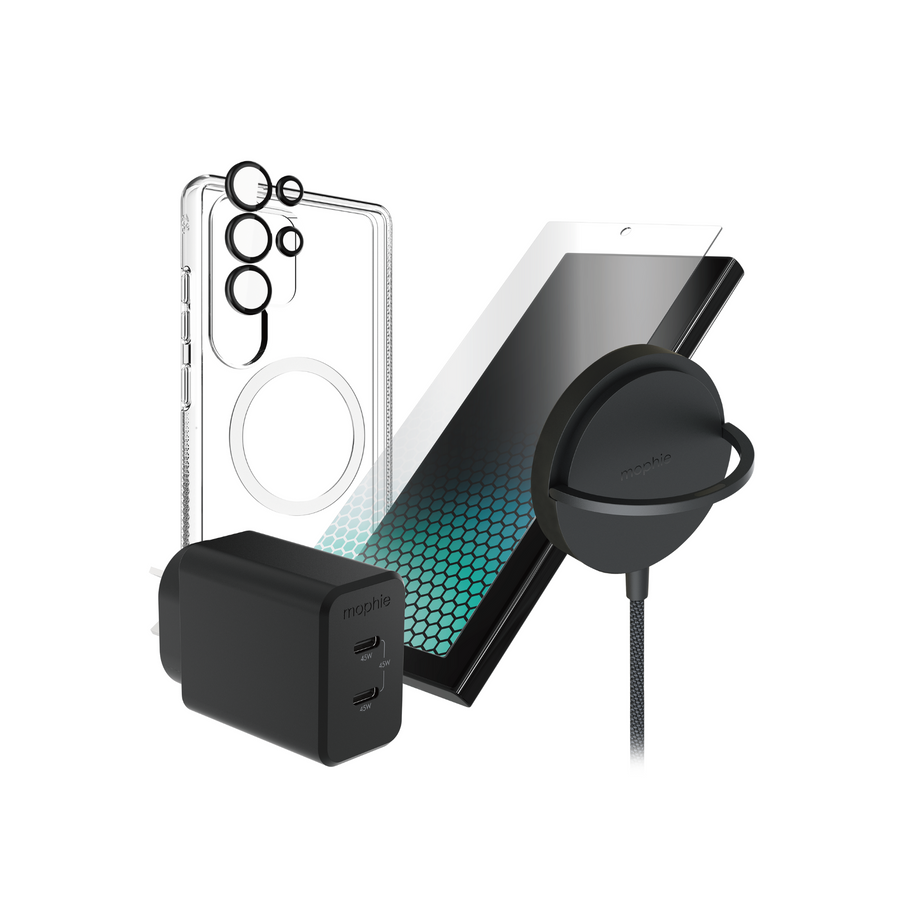 All components displayed together: case, protector, rings, charger, adapter