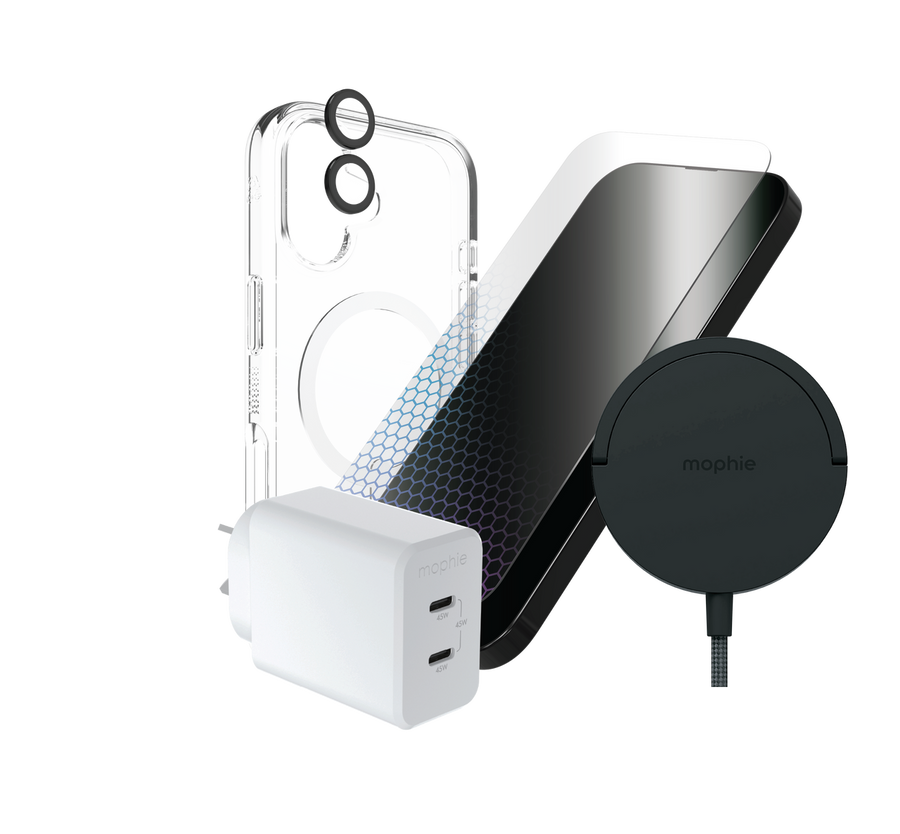 iPhone 17 Premium Smart Bundle includes Crystal Palace case, XTR5 screen protector, lens rings, Qi2 charging stand, and 45W wall charger