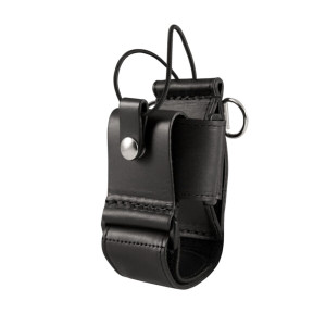 Front view of Firefighter Universal Adjustable Radio Holder in black leather Front view of Firefighter Universal Adjustable Radio Holder in black leather