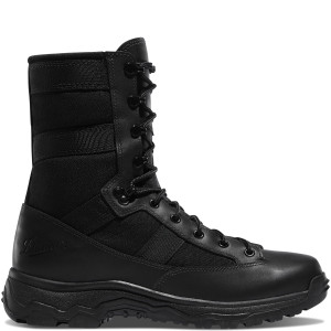 Side view of Danner Reckoning 8" Black Hot boot highlighting Vibram All Terrain outsole and 8-inch support height